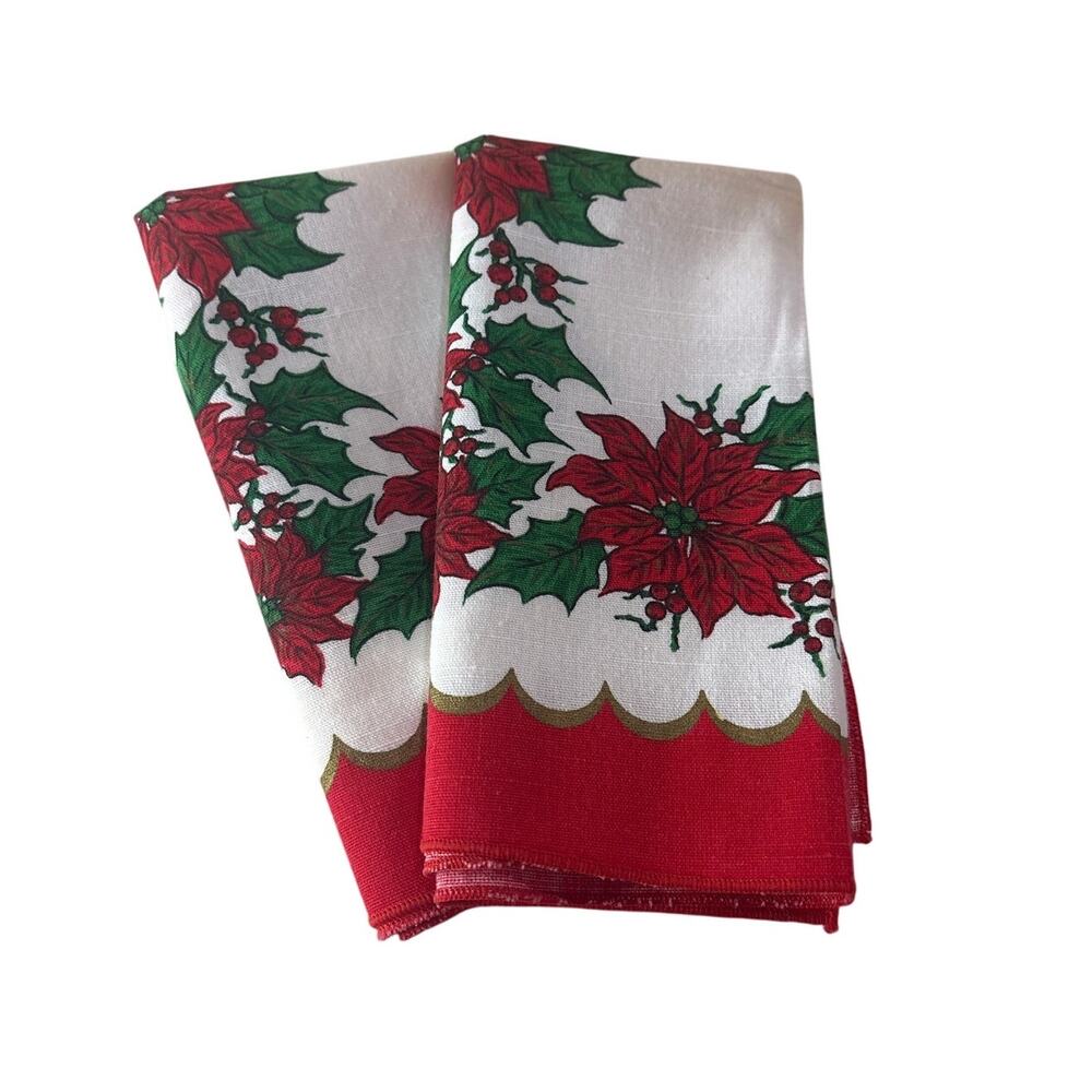 Vintage Christmas Poinsettia Napkins Set of 2 – Red Green Holiday Linens 16.5”